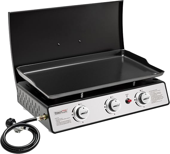 Royal Gourmet PD2301S 3-Burner Tabletop Propane Gas Griddle with Hard Cover, 24 Inch Portable Griddle for Outdoor Cooking While Camping or Tailgating, Silver & Black