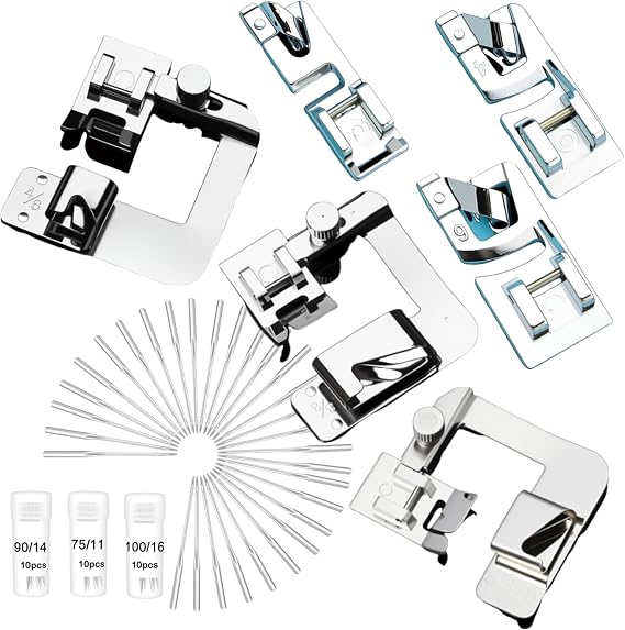 Sewing Machine Hemming Presser Foot Set, 3 Pcs Narrow Rolled Hem Sewing Machine Presser Foot and 3 Pcs Wide Hem Feet h 30 Needles