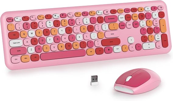Pembe Renkli Kablosuz Klavye ve Fare Kombo Seti, 2,4 GHz Retro Daktilo Klavye, Numara Pedli Tam Boy Sevimli Klavye, Ev ve Ofis Sessiz Klavyeler (Pembe)