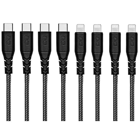 Cable Bundle, 8 Cables Including 4 Apple MFi Certified Lightning and 4 USB Type-C Charge and Sync Cables - 20 Inches (0.5 Meters) Black