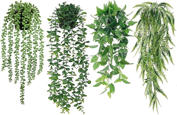 4 PCS Artificial Hanging Plants with Pot, Greenery Faux Fake Ivy Decor