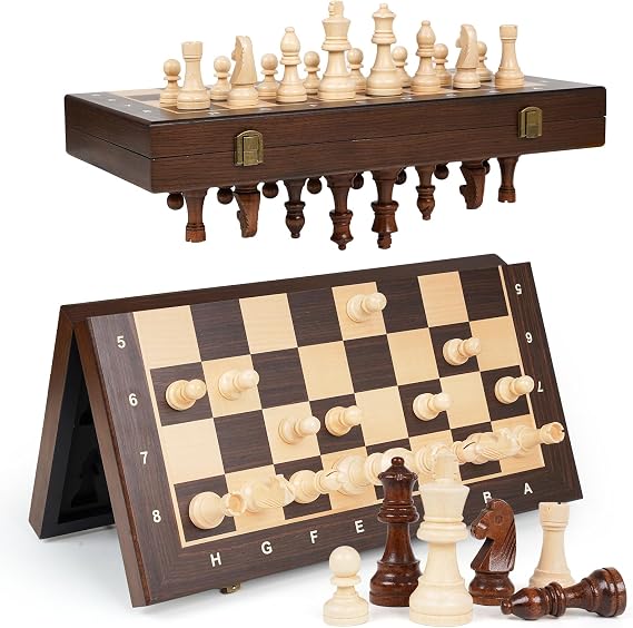 15" Magnetic Wooden Chess Set for Adults with 3" King & 2 Extra Queens Portable Folding Travel Chess Board with Storage Classic Strategy Game