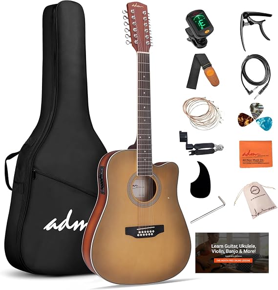 ADM Advanced 12 String Acoustic Electric Guitar, Full Size 42" Twelve String Guitar Bundle 4-Band EQ Electroacoustic Set Beginner Intermediate Adults, Bag, Picks, Capo, Cable, Strap (Brown, 42 Inch)