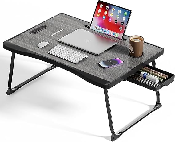 BTGGG Laptop Bed Table, Portable Lap Bed Desk with Handle, Foldable Bed Table with Cup Slot & Side Drawer, Notebook Stand Breakfast Bed Tray for Bed, Sofa, Balcony,Carpet, Black