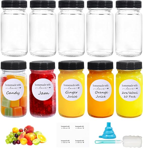 10 Pcs Glass Shot Bottles with Lids, 2oz /60 ml Glass Juice Bottles, Reusable Small glass bottle with Labels Funnel, Mini Bottle with Wide Mouth, Small Jars with Lids for Ginger Juice Milk