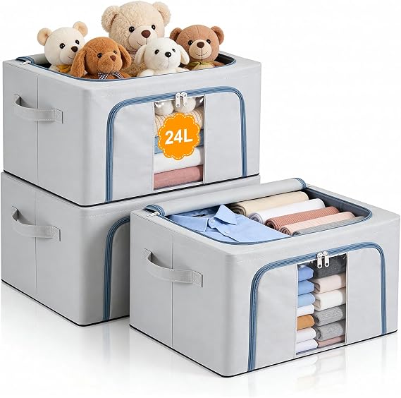 Hejo 3 Pack 24L Clothes Storage Boxes with Steel Frame,Foldable Storage Box