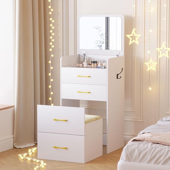 3 in 1 Vanity Desk with Flip Top Mirror,Glass Desktop,3 Drawers,Pure White