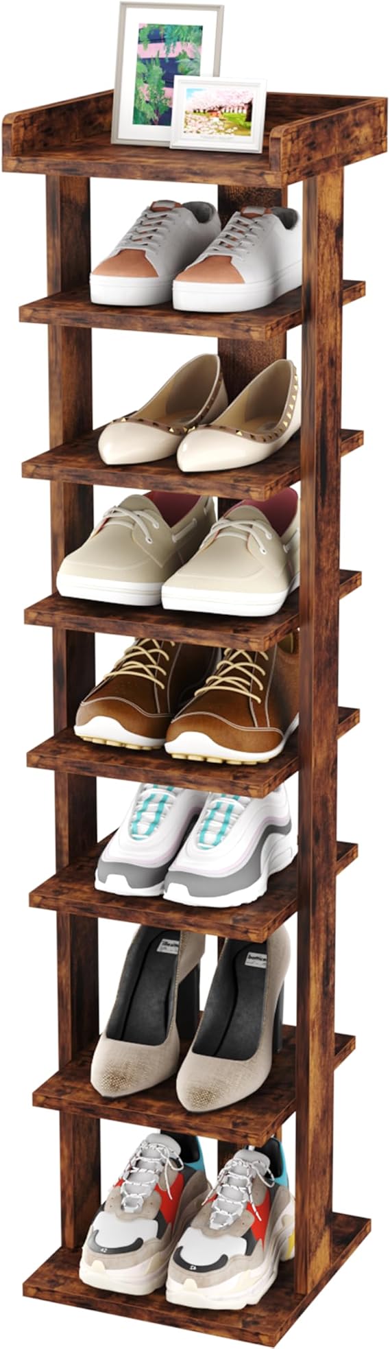 HOMEFORT 7-Tier Wood Shoe Rack, Entryway Shoe Tower,Vertical Shoe Organizer, Wooden Shoe Storage Stand, Rustic Brown