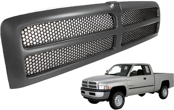 Front Grille Assembly Compatible With Dodge Ram 1500 Grill 1994-2002 / Ram 2500 3500 1994-2001 With Black Frame Shell With Black Honeycomb Mesh Insert (Except Sport Package)