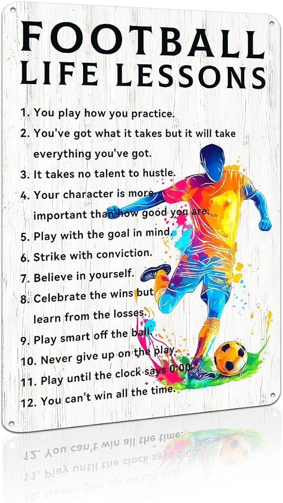 "Football Life Lessons" Colorful Football Metal Aluminum Sign Wall Decor for Game Room, Bar, Man Cave, Bedroom, Home Gym - 8x12 Inches Motivational Decor (26046)