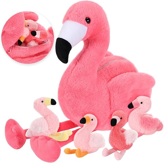 Skylety 18 Inches Flamingo Stuffed with 4 Babies, Pink Flamingo Mommy Plush | Soft Zippered Tummy Pink Mommy Flamingo Plush Toy Stuffed Animals for Birthday Party Gifts Decoration Nursery Room Decor