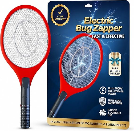 Bug Zapper Racket, Electric Fly Swatter for Mosquitoes, Flies, and Flying Insects, 18 Inch Handheld Battery Powered Fly Zapper for Indoor Outdoor Use, 2 AA Batteries Included, Red