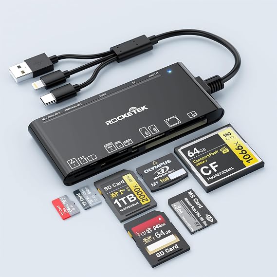 Memory Card Reader,7in1 USB-A/USB-C/Lightning to MS/XD/CF/SD/TF Card Reader