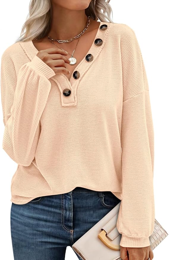 BTFBM Womens Fall Fashion 2025 Long Sleeve Shirts Spring V Neck Loose Casual Deco Button Lightweight Waffle Knit Tops