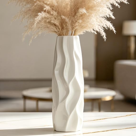 12 Inch White Ceramic Vase, Tall Decorative Flower Vase for Pampas Grass,Home Decor,Table Centerpieces，Modern Textured for Living Room