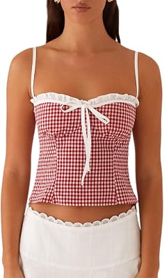 Womens Sexy Lace Trim Camisole Tank Tops Y2k Slim Fit Corset Going Out Streetwear Ruffle Spaghetti Strap Club Tops