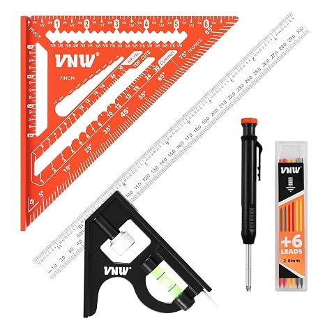 VNW 12inch Zinc Alloy Combination Square and 7inch Aluminum Rafter Square Set with Carpenter Pencil,Heavy Duty Carpenter Tools for Woodworking and Home DIY