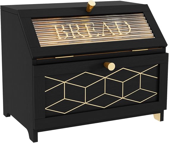 Black Bread Bin for Kitchen, Wooden Double Bread Bin with Glass Window