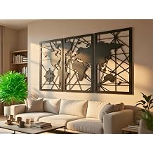 Vailla World Map Wood Wall Art Decor Large Hanging Sculpture Modern Home Decoration Large Set of 3 Wall Hangings Wooden 3D Textured Sculptures for Living Room (Map 1)