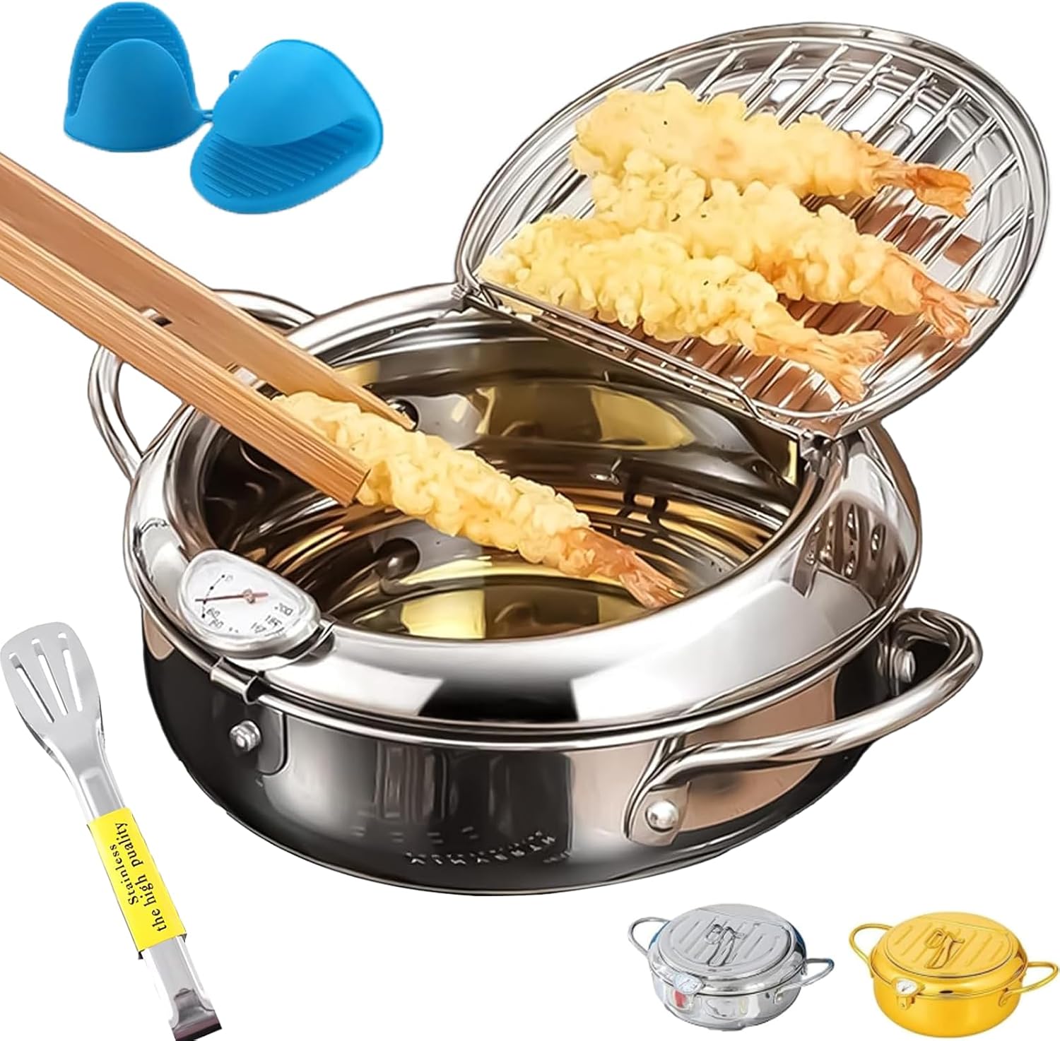 Japanese Deep Fryer Pot, 304 Stainless Steel Frying Pot with Thermometer and Oil Drip Drainer Rack,Tempura Deep Fryer Pot for Kitchen StoveInduction Cooker French Fries Fryer Chicken Silver,4.2L