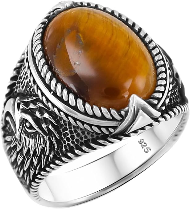 Natural Tiger Eye Stone Genuine Solid 925 Sterling Silver Ring for Men with Eagle on Side