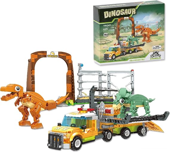 Dinosaur World Building Sets 625 Pcs Transport Truck & Park Gate Kit with T-Rex & Triceratops Figures Dino Breakout Scene Construction Set for Adults (Compatible with Major Brands)
