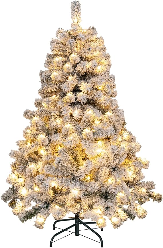COSTWAY 4.5FT Flocked Christmas Tree, Pre-Lit Artificial Decoration Tree with 295 PVC Branch Tips and 150 LED Lights, Hinged Holiday Celebration Tree for Home, School and Carnival (4.5FT)