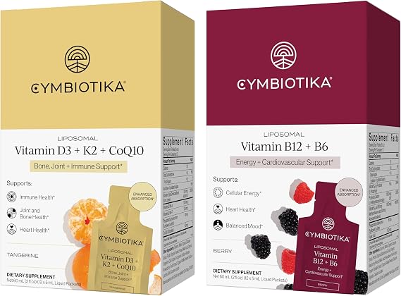 CYMBIOTIKA Liposomal B12 + B6 and D3 + K2 + CoQ10 Bundle | Daily Essentials: energy & immune duo for brain, heart, bone & nerve support. Active, bioavailable forms. 2-pack, 24 packets