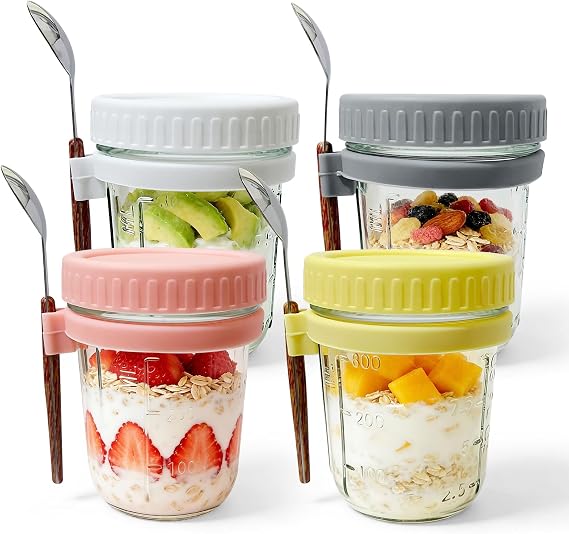 4 Pack Overnight Oats Jar, Oat Containers with Lid and Spoon 350ML Glass Breakfast Pots for Overnight Oats, Salad, Yoghourt, porridge, cereal Cups