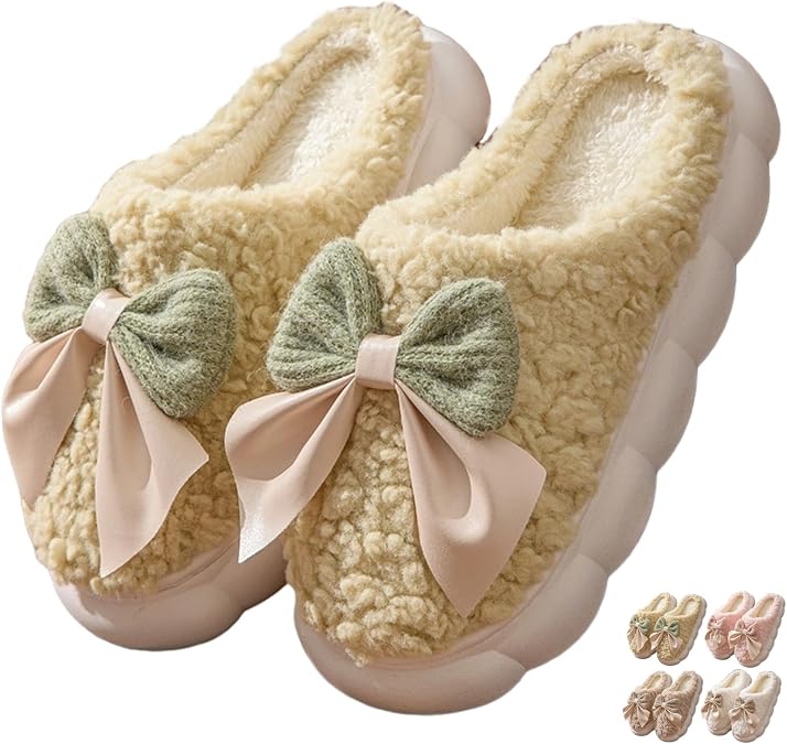 Cute Cozy Bow Tie Slippers for Women Indoor Winter Fall Warm Soft Plush Fuzzy Slippers Bedroom Home House Shoes Ladies Non Slip Thick Sole
