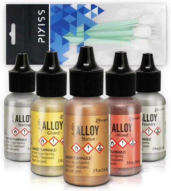 Alcohol Ink Alloys Complete Metallic Set | Ranger Tim Holtz Brand | Colors Include Gilded, Mined, Foundry, Statue, Sterling | 10 Pixiss Alcohol Ink Blending Tools