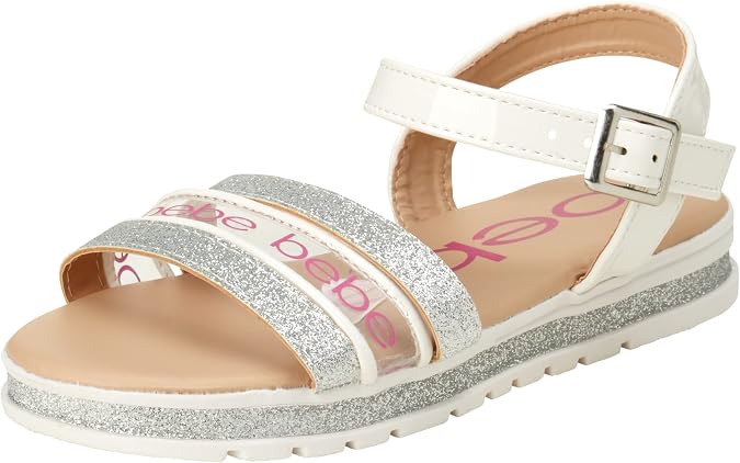 bebe Girls' Sandals - Glitter Leatherette Sandals with Buckle Straps (Size: 2-13)
