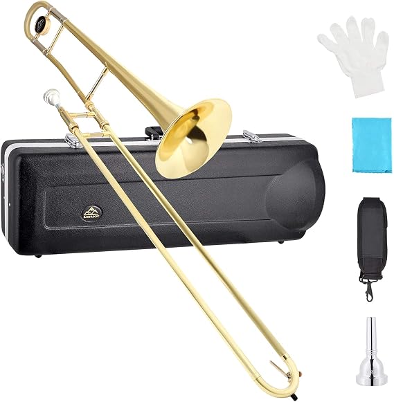 EASTROCK Bb Tenor Slide Trombone, B Flat Brass Plated Trombone Instrument for Beginners Students with Hard Case, with Mouthpiece, White Gloves (12.5mm/200 mm), Golden