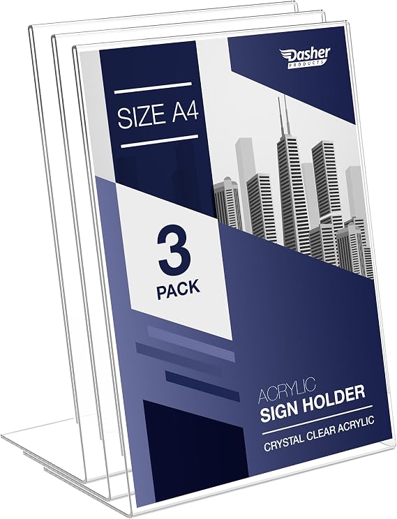 Slant Back Acrylic Sign Holder A4, 3 Pack, Portrait Ad Frames, Clear Picture Frame for Signs, Brochure, Flyer, Menu, Paper, Poster, Display. Slanted Plastic Message Board Stand for Home, Office, Store