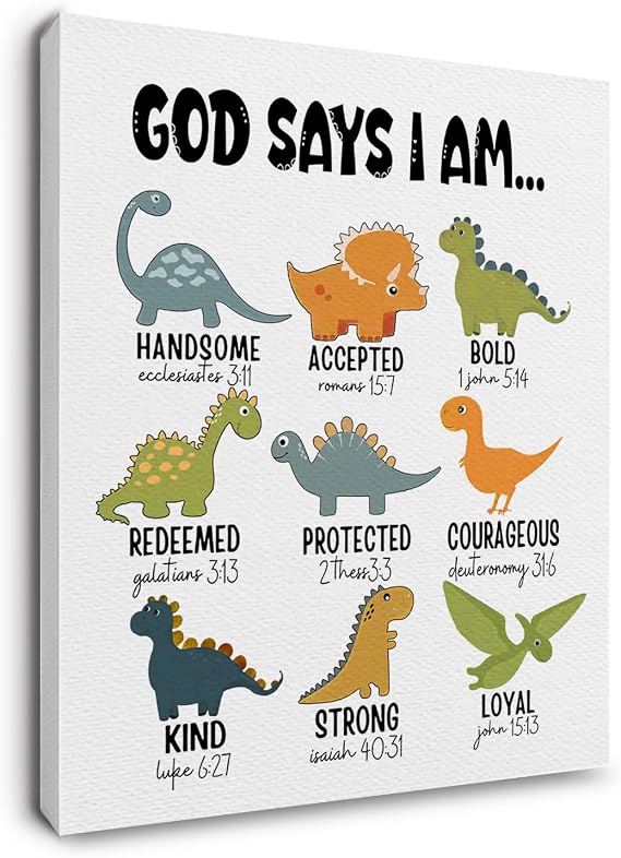 Ryeolo Kids Dinosaur Canvas Prints Wall Art - Safari Nursery Animal Decor 16X24 Inches, Baby Girl Boy Nursery Wall Decor, God Says I Am Dinosaur Wall Art for Kids Living Room