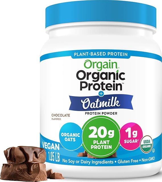 Orgain Organic Vegan Protein Powder + Oat Milk, Chocolate - 20g Plant Based Protein, Gluten Free, No Dairy, Soy or Lactose Ingredients, Low Sugar, Non-GMO, Kosher, For Shakes & Smoothies - 1.05lb
