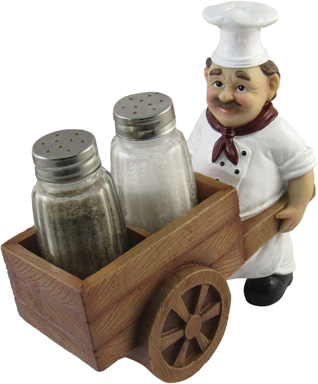 DWK Italian Chef Cart Spice Holder Figurine with Refillable Glass Salt and Pepper Shakers 3 Piece Set | Chef Kitchen Collection Novelty Salt and Pepper Shakers Set - 6"