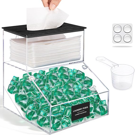 2 in 1 Dryer Sheet Holder & Laundry Pods Container, Laundry Detergent Organizer Container with Lid, Acrylic Laundry Room Organization Storage Containers with Labels, Dishwasher Pod Holder
