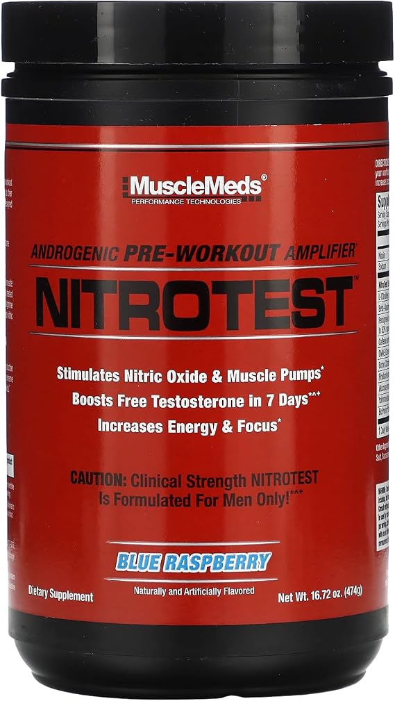 MuscleMeds Nitrotest Pre-Workout Supplement Drink, Boost Nitric Oxide, Testosterone, Blue Raspberry, 30 Serving, 1.04 Pound, 1 Count