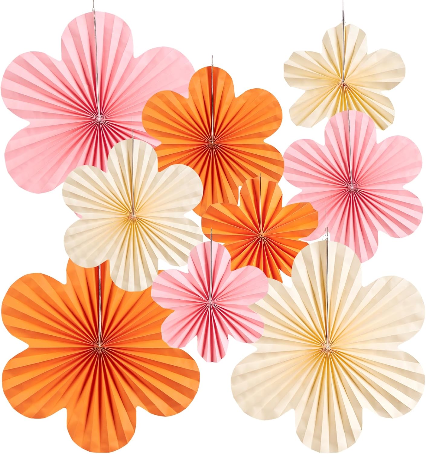 SUNBEAUTY 9 Pcs Paper Decorations Paper Flowers Fans Decorations Hanging Flowers Backdrop Orange Pink Party Decor Hanging for Birthdays Weddings Baby Shower Spring Tea Party Table Decoration