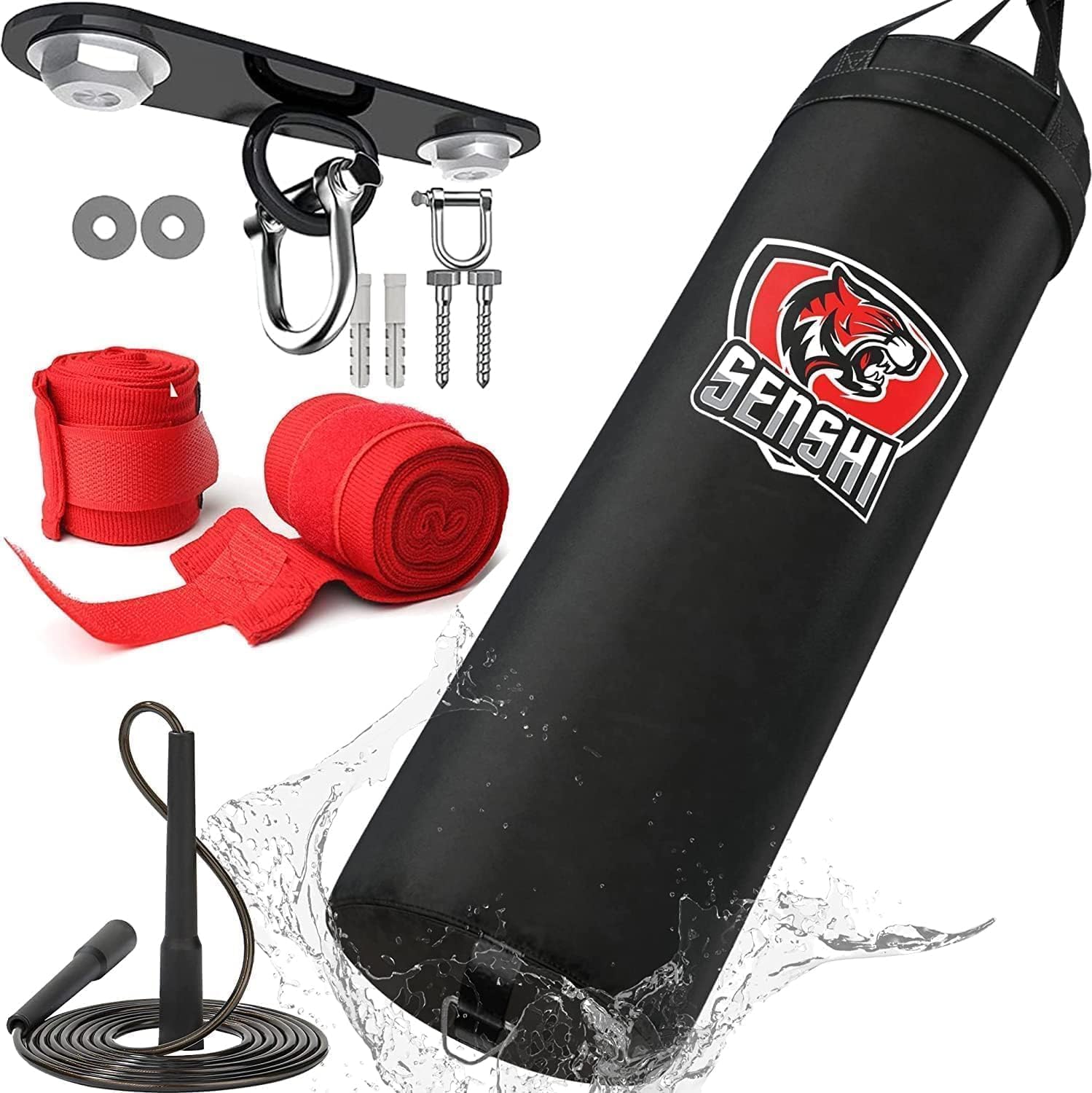 Outdoor Punch Bag 𝗛𝗘𝗔𝗩𝗬 𝗙𝗜𝗟𝗟𝗘𝗗 3, 4, 5ft For Boxing, MMA, Muay Thai Boxing Gloves, Skipping Rope &amp; Bracket Set For Kids &amp; Adults