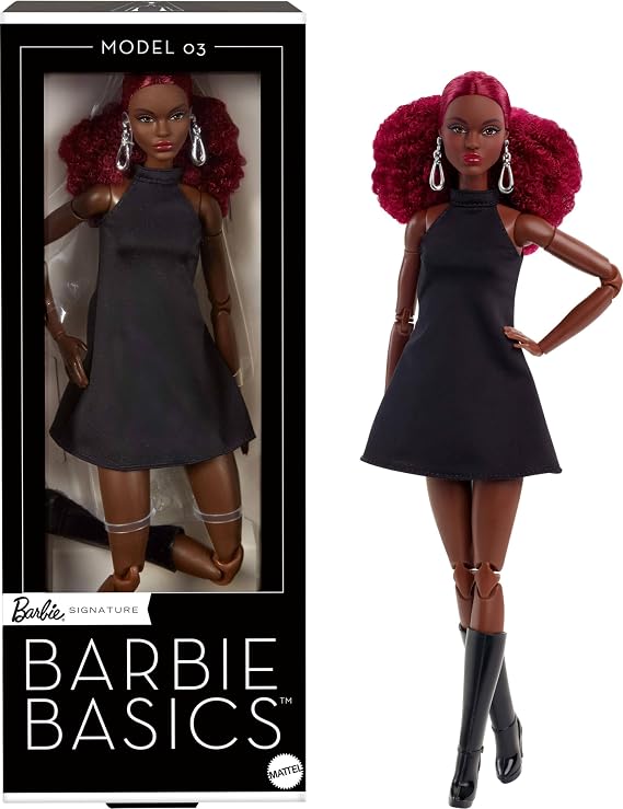 Barbie ​Mattel Basics Model 03 Collector Doll with Red Curly Hair, Black Mini Dress & Boots, Universal-fit Fashions, Posable Tall Body & Swappable Doll Head, JBH75