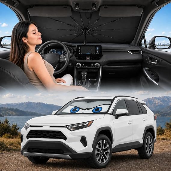Car Windshield Sun Shade Umbrella, Universal Fit Mid-Large Sedan SUV | 57 x 31" Car Sun Visor, Foldable UV Heat Blocking Auto Sunshade with Rearview Mirror Cutout, Cute Eyes Series
