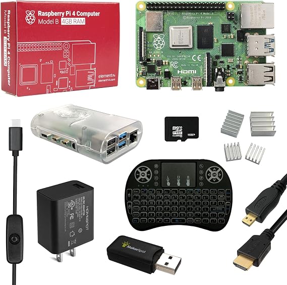 Raspberry Pi 4 Model B Starter Kit with 5v3a UL Listed Charger HDMI Cable Heat Sink, 16GB MicroSD Card & Mini Wireless Keyboard
