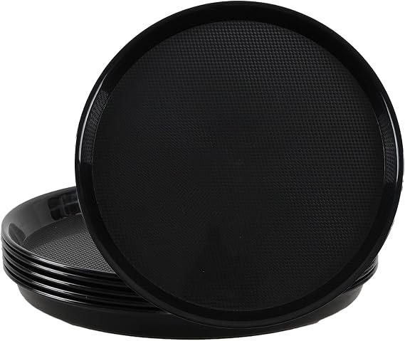6-Pack Plastic Serving Trays, 13.5 in Round Non-Slip Trays | Black Restaurant, Cafeteria, and Bar Server Trays, Stackable, Easy-Clean, Grip Surface for Food and Drinks