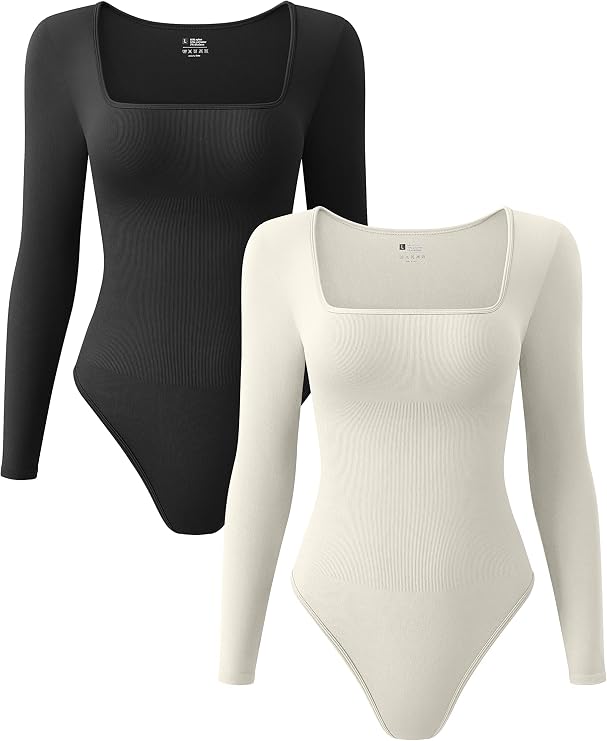OQQ Women's 2 Piece Bodysuits Sexy Ribbed One Piece Square Neck Long Sleeve Tops