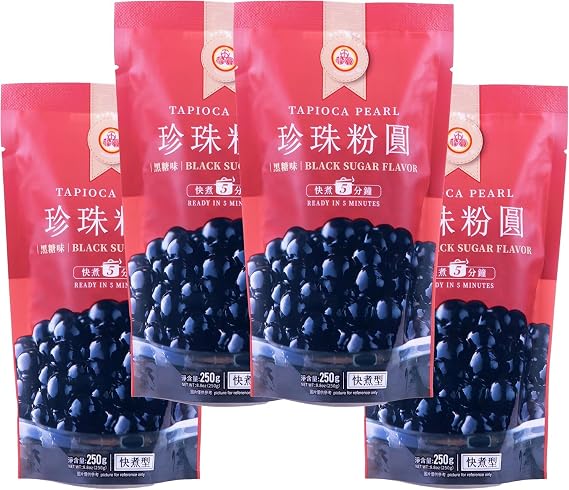 WuFuYuan Black Tapioca Pearl – 250g (Pack of 4) Quick-Cook Boba Pearls for Bubble Tea & Desserts Authentic Asian Tapioca