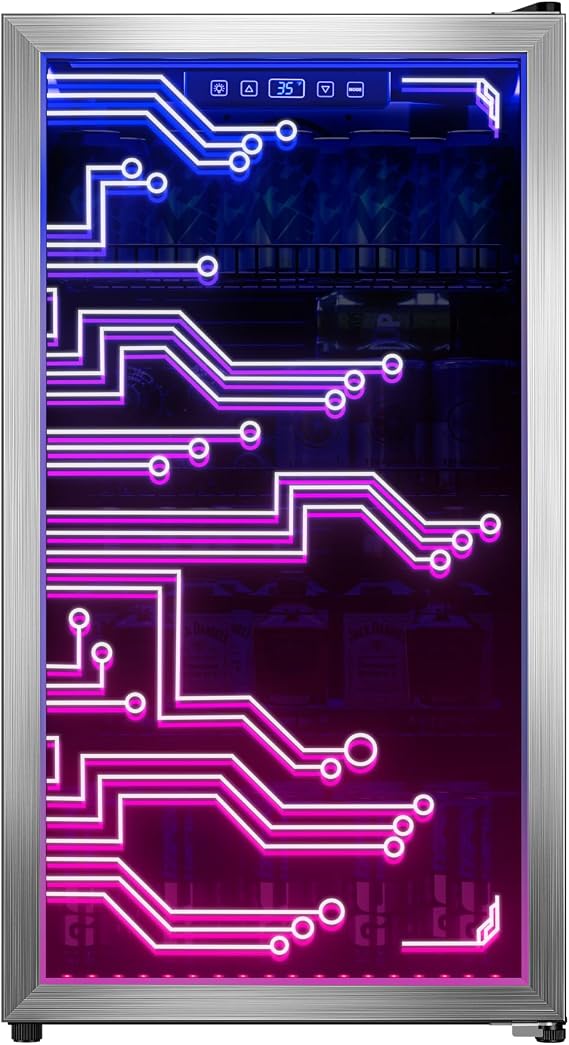 Cyberpunk Beverage Cooler, 130 Can Mini Fridge, LED Light Door, Gaming Room
