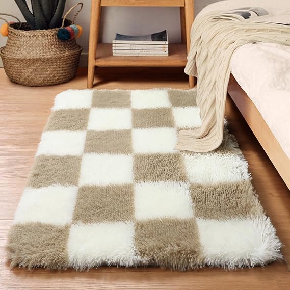 KICMOR Small Beige and Cream White Area Rugs for Bedroom, 2x3 Fluffy Fuzzy Plush Shaggy Checkered Rug, Soft Furry Bedside Rug Small Throw Carpet for Living Room Kids Girls Boys Nursery Home Decor