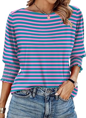 IECCP Womens Summer Tops Womens 34 Sleeve Tops Puff Sleeve Elbow Length Top for Women Boat Neck Top Striped,XL